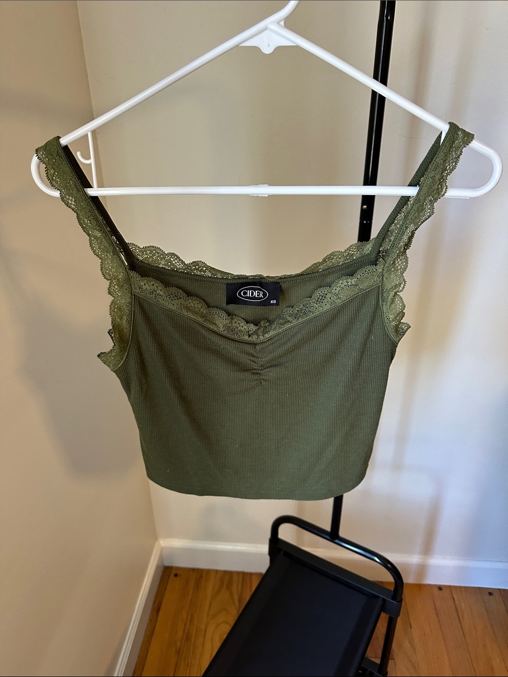 Cider Olive Green Lace-Trim Ribbed Tank